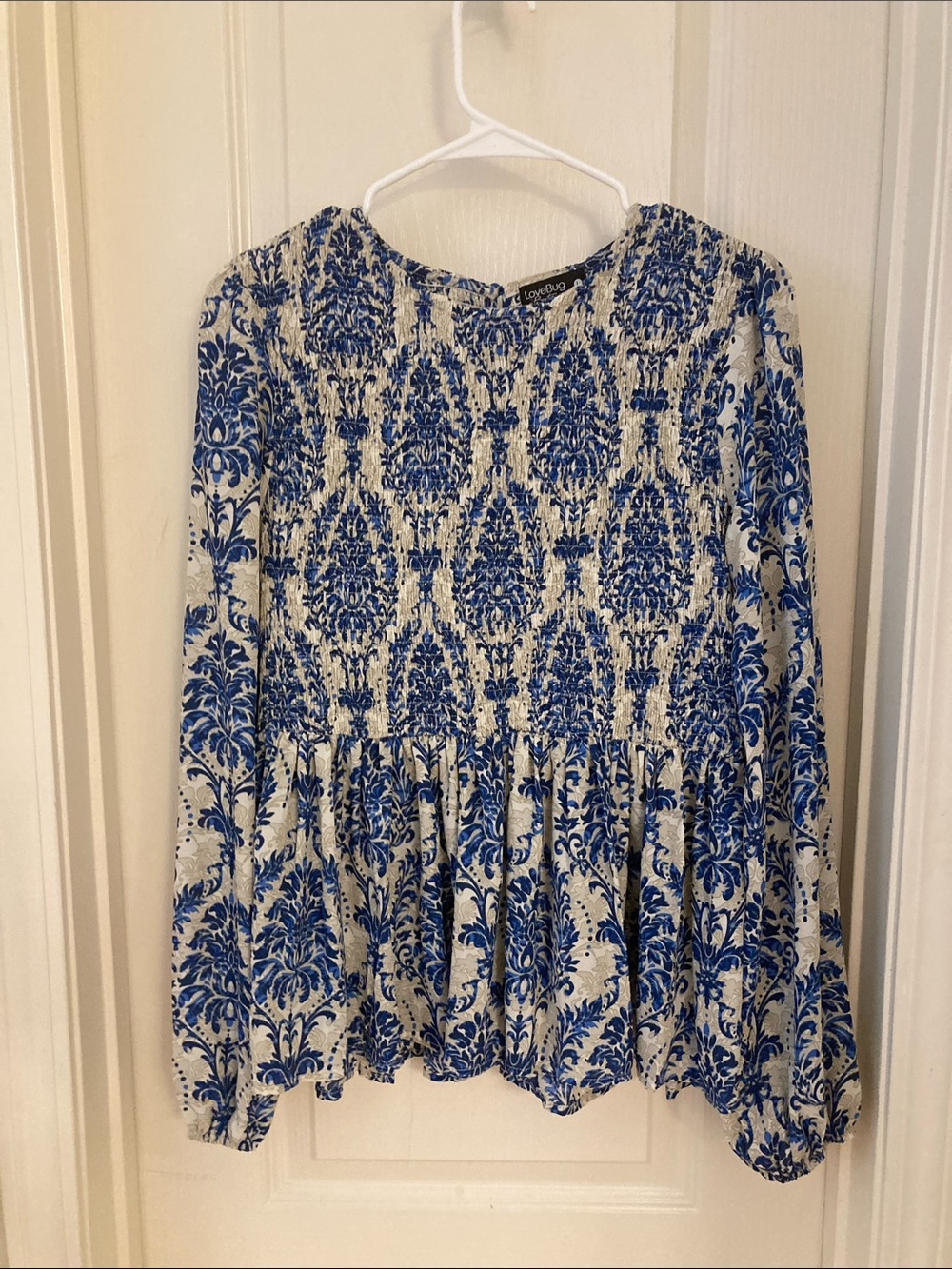 Smocked Peplum Long-Sleeve Top - Blue Floral